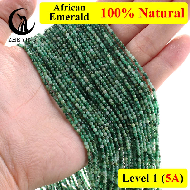 Zhe Ying 2mm 3mm Natural African Emerald Beads Faceted Round Loose Gemstone Beads for Bracelet Making Jewlery Supply