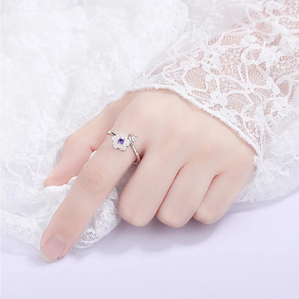 Qiaolanxuan Korean Fashion Fresh Cherry Blossom Japanese And Korean Jewelry Ppen Diamond Ring Simple Creative Ring