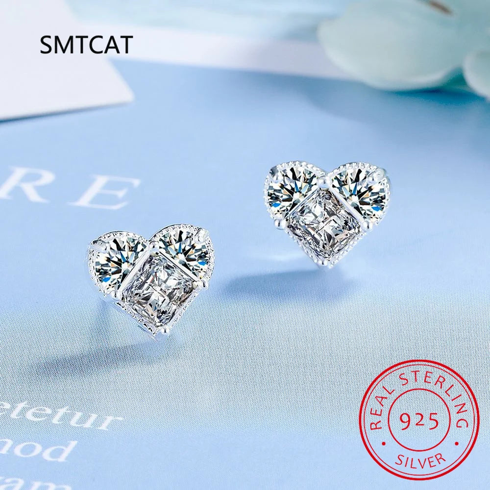 All Moissanite Earrings for Women Heart Shape S925 Sterling Sliver with Gold Plated Earring Wedding Party Fine Jewelry