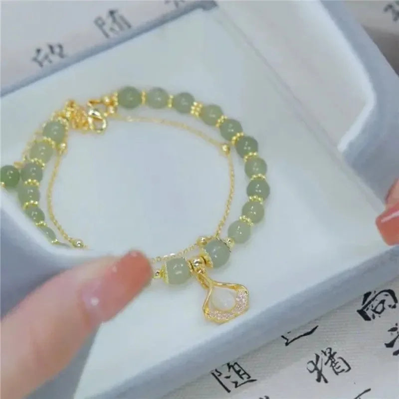 VENTFILLE Gold Color For Women's Hetian Jade Bracelet Leaves Double Layer Jewelry Girls Gifts Dropshipping