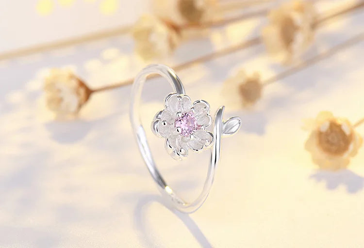 Qiaolanxuan Korean Fashion Fresh Cherry Blossom Japanese And Korean Jewelry Ppen Diamond Ring Simple Creative Ring