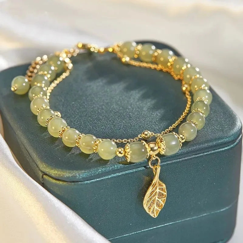 VENTFILLE Gold Color For Women's Hetian Jade Bracelet Leaves Double Layer Jewelry Girls Gifts Dropshipping