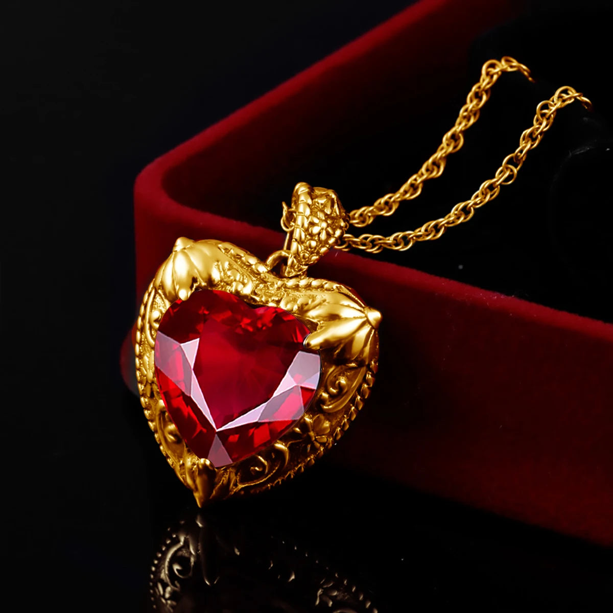 Szjinao Gold Red Ruby Heart Necklace For Women With Stone 15*15mm Victorian Pendant Royal Luxury Jewelry Valentine Day Gift Sale