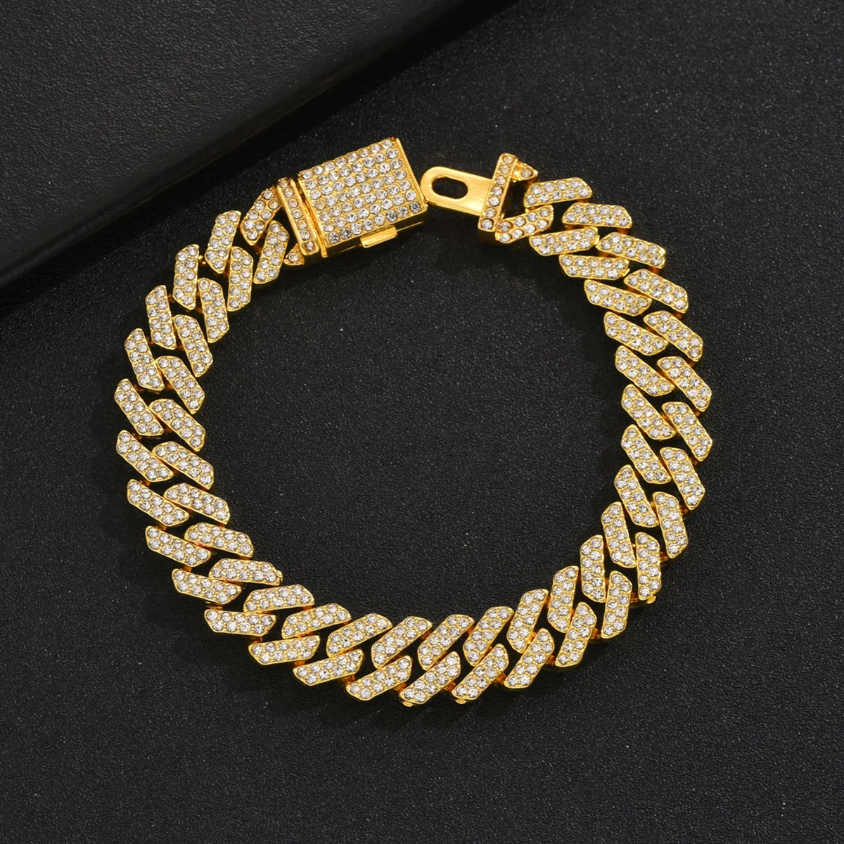 Hip Hop Cuban Bracelet For Men Full Shiny Crystal Stone Wide Gold Color Brcelet Box Clasp Fashion Statement Jewelry