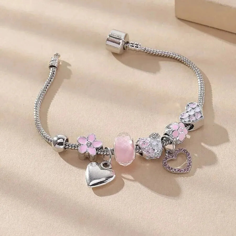 Obega Love Heart Flower Glass Pendant Charm Bracelet Classic Pink White Crystal Stone Adjustable Bead Bracelet Silver Gold Color