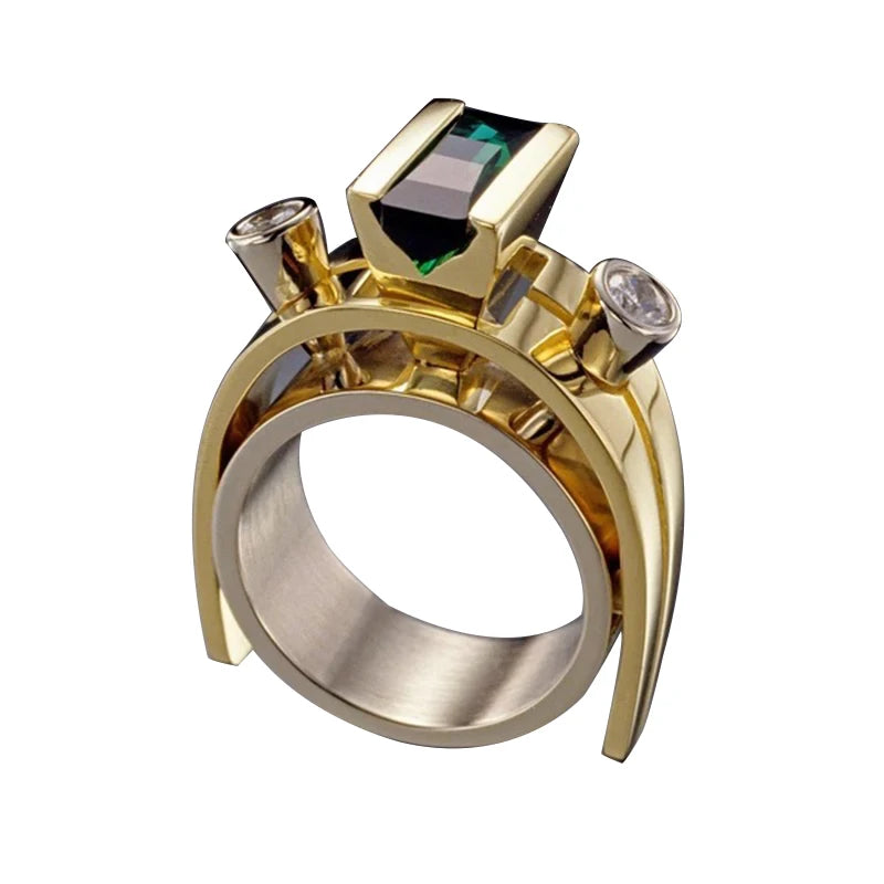 Gold Plated Emerald Pearl Modern Square Geometry Irregular Semi-Artificial Gemstone Ring Female