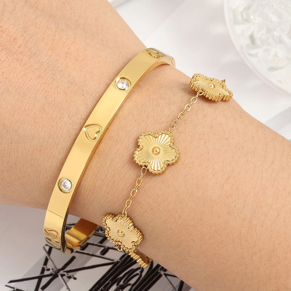 Stainless Steel Four Leaf Clover Five Leaf Clover Laser Bracelet Set Gold Women Men Couple Holiday Gift Set Party Daily Jewelry