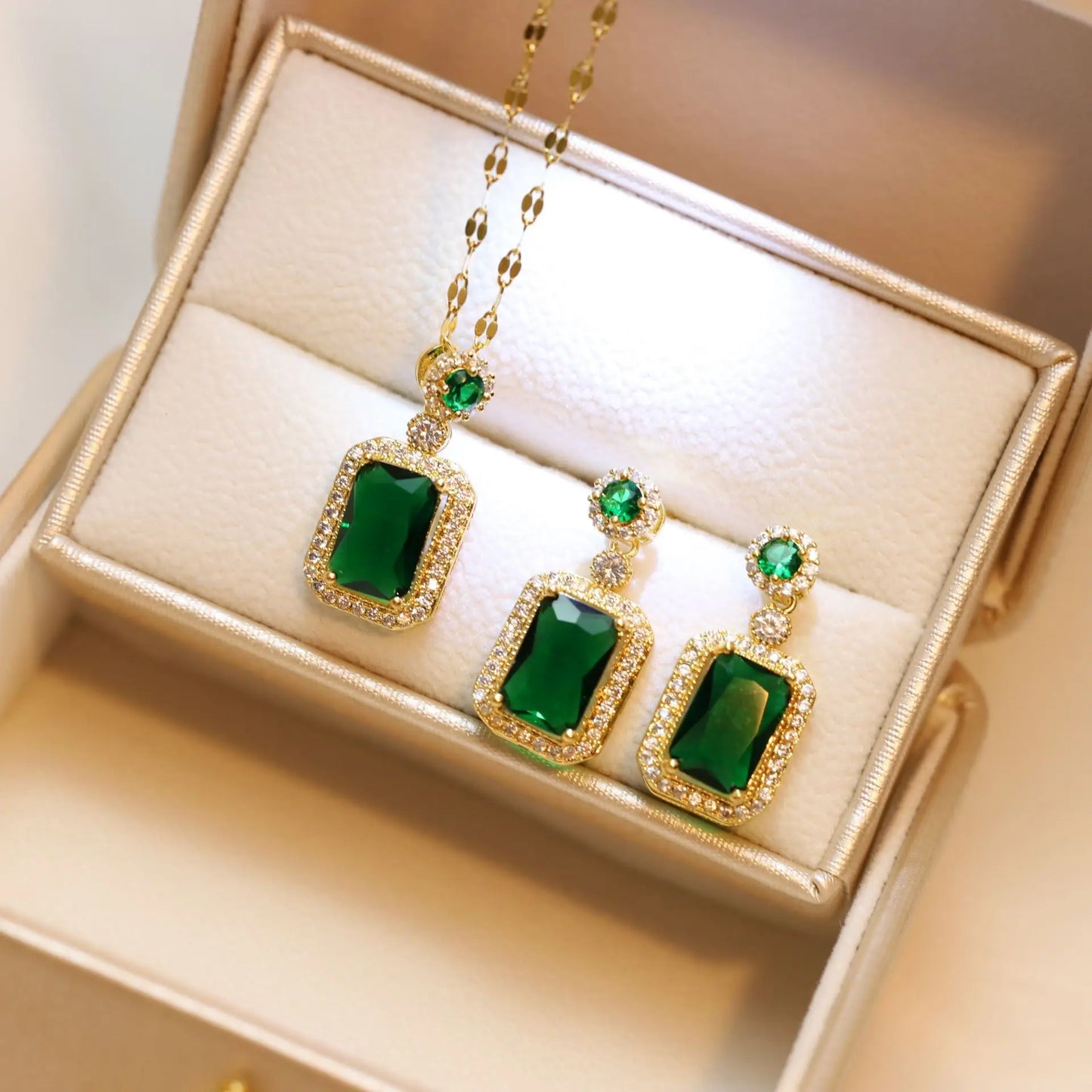 Luxury Emerald Jewelry Sets Fashion Women Bridal Zircon Green Stone  Earrings Ring Sets Rings for Women Jewelry