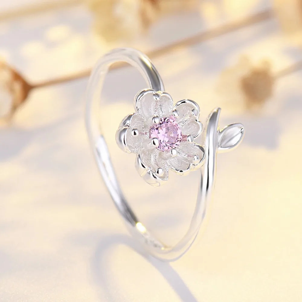 Qiaolanxuan Korean Fashion Fresh Cherry Blossom Japanese And Korean Jewelry Ppen Diamond Ring Simple Creative Ring