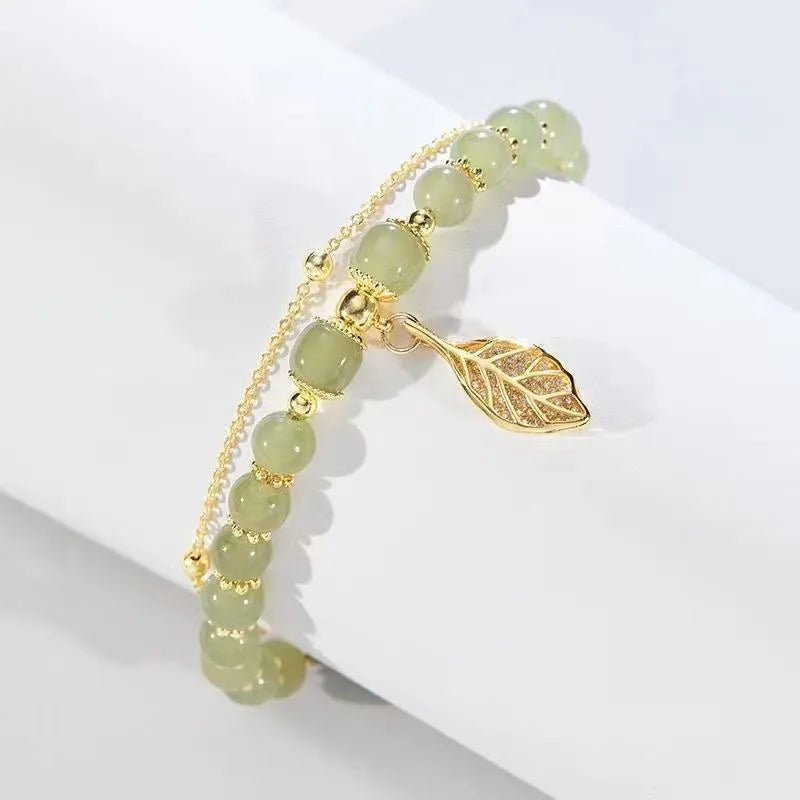 VENTFILLE Gold Color For Women's Hetian Jade Bracelet Leaves Double Layer Jewelry Girls Gifts Dropshipping