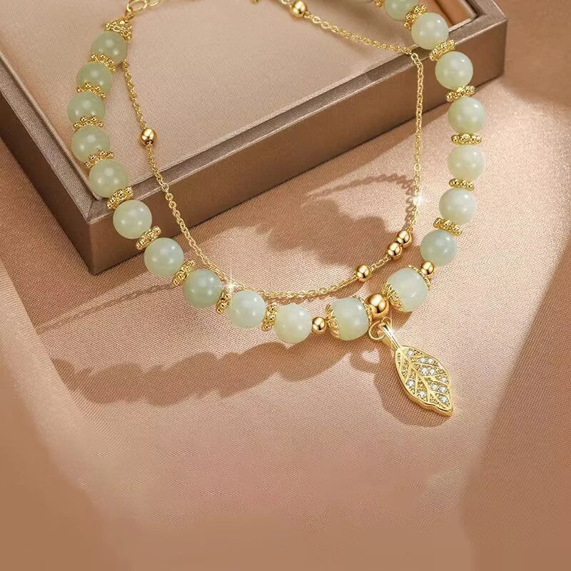 Chinese Style Green Jade Bracelet For Women Exquisite Gold Color Leaves Wrist Strap Bangle Double Chain Bracelet Girls Gifts