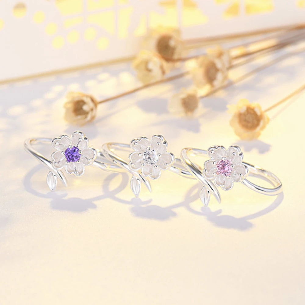 Qiaolanxuan Korean Fashion Fresh Cherry Blossom Japanese And Korean Jewelry Ppen Diamond Ring Simple Creative Ring