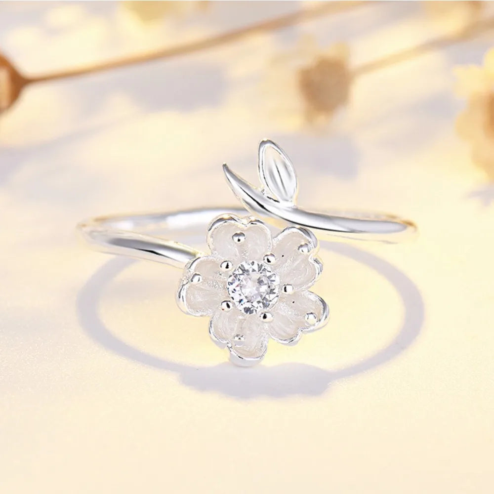 Qiaolanxuan Korean Fashion Fresh Cherry Blossom Japanese And Korean Jewelry Ppen Diamond Ring Simple Creative Ring