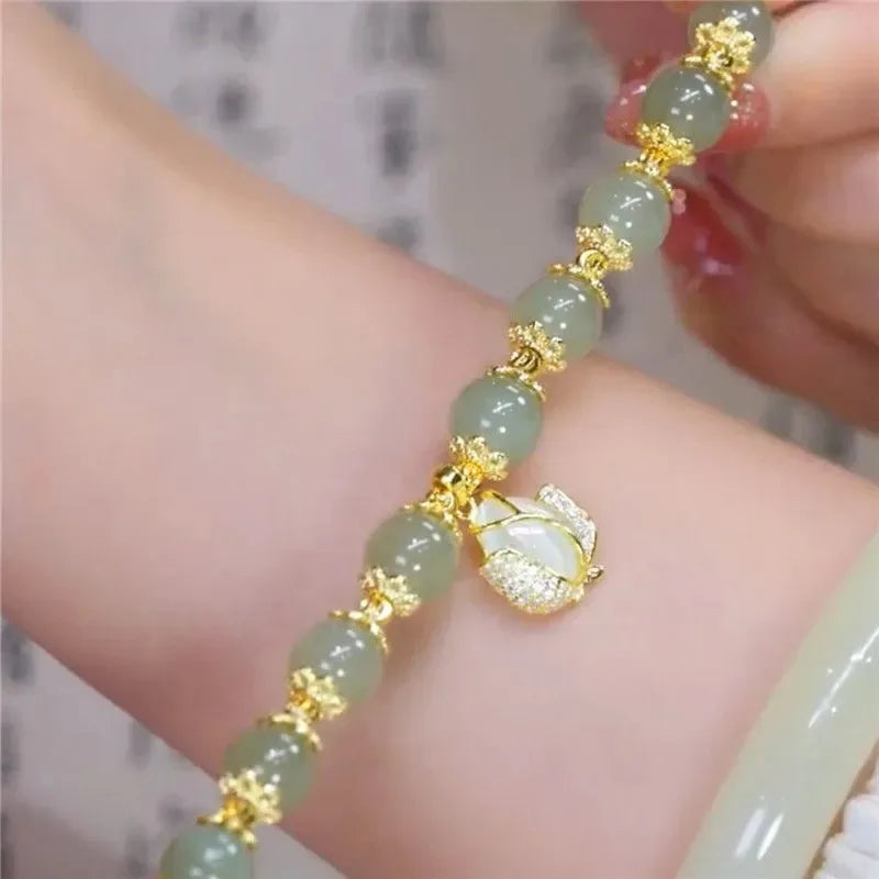 VENTFILLE Gold Color For Women's Hetian Jade Bracelet Leaves Double Layer Jewelry Girls Gifts Dropshipping