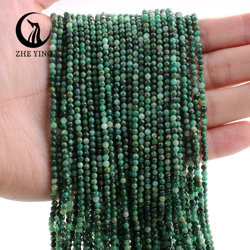 Zhe Ying 2mm 3mm Natural African Emerald Beads Faceted Round Loose Gemstone Beads for Bracelet Making Jewlery Supply