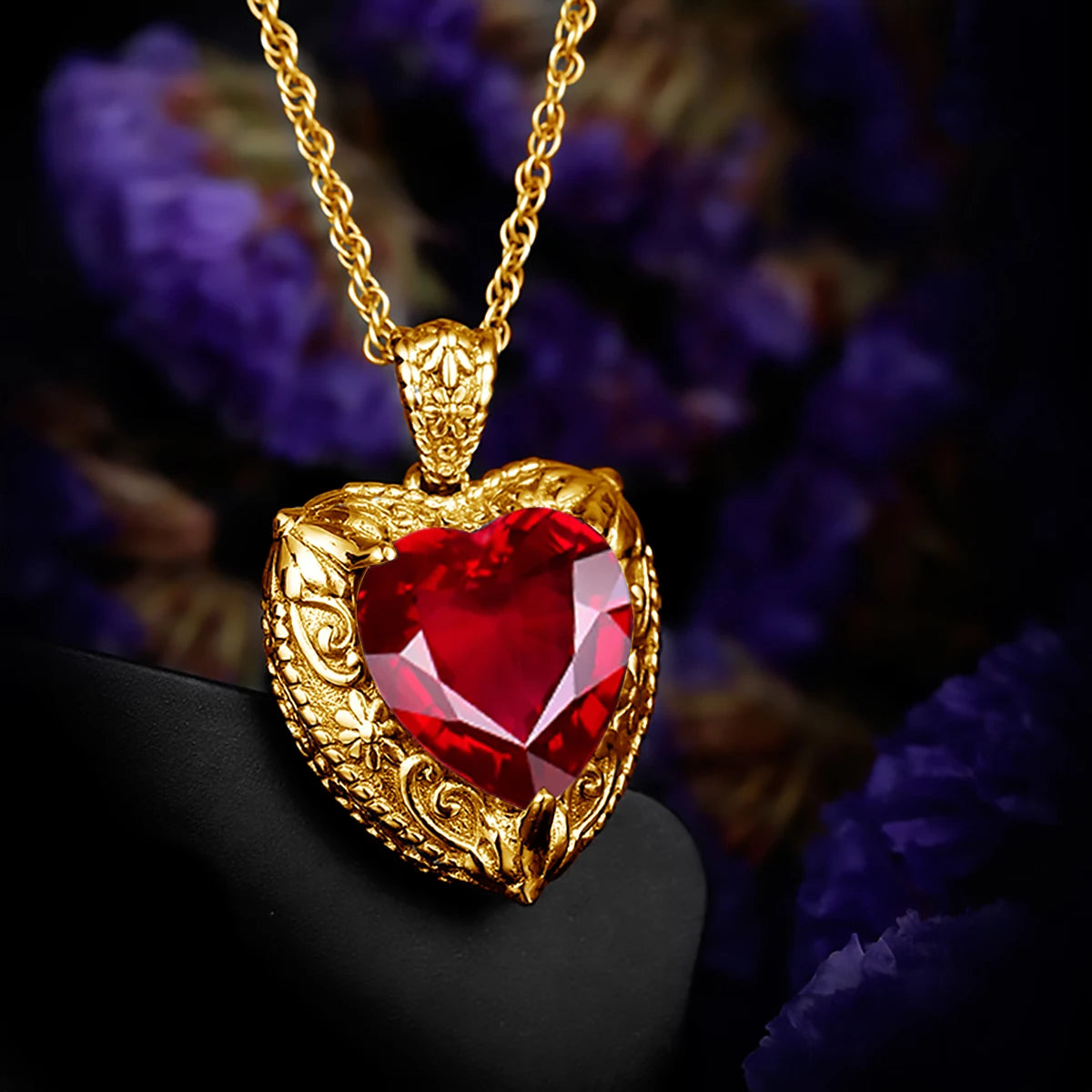 Szjinao Gold Red Ruby Heart Necklace For Women With Stone 15*15mm Victorian Pendant Royal Luxury Jewelry Valentine Day Gift Sale