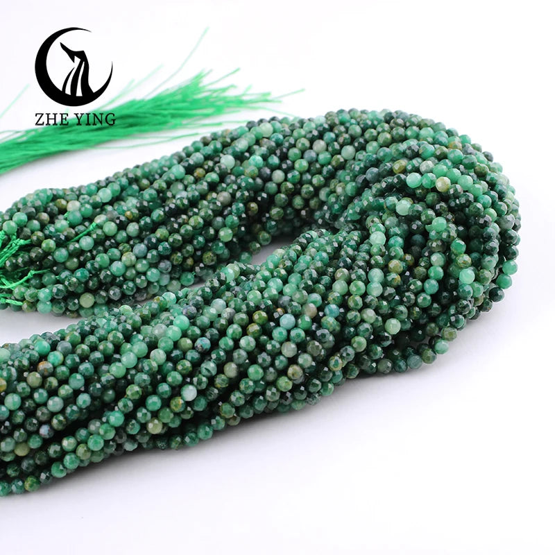 Zhe Ying 2mm 3mm Natural African Emerald Beads Faceted Round Loose Gemstone Beads for Bracelet Making Jewlery Supply