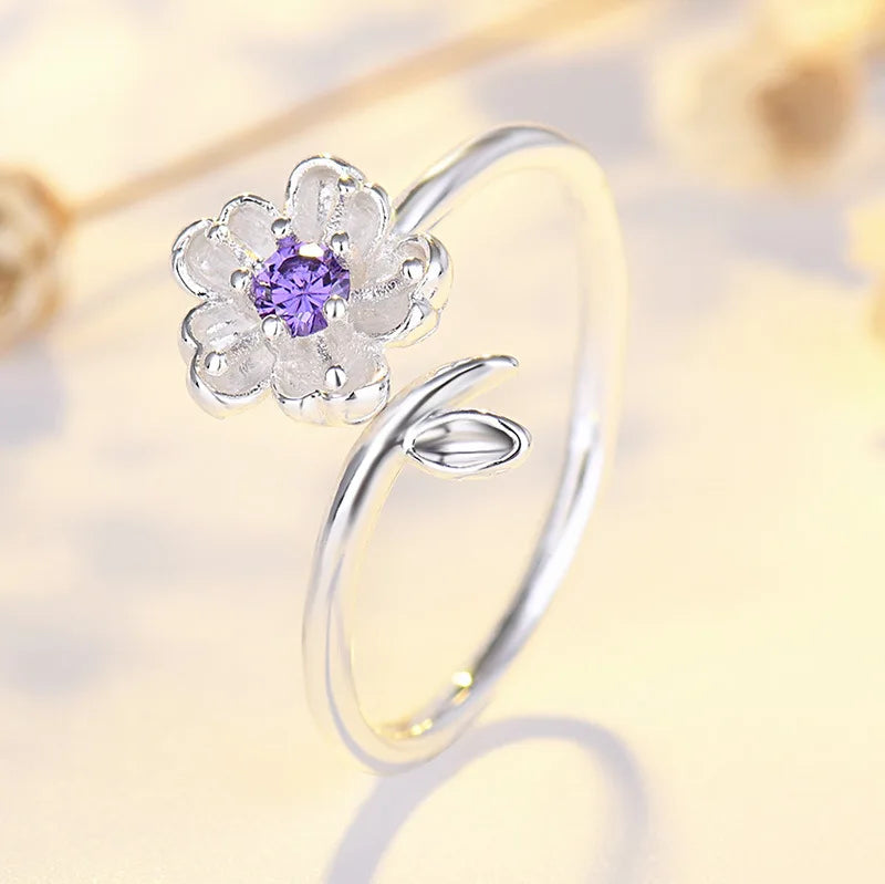 Qiaolanxuan Korean Fashion Fresh Cherry Blossom Japanese And Korean Jewelry Ppen Diamond Ring Simple Creative Ring