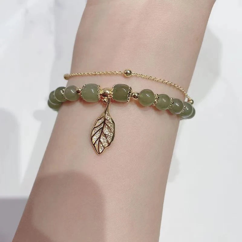 Chinese Style Green Jade Bracelet For Women Exquisite Gold Color Leaves Wrist Strap Bangle Double Chain Bracelet Girls Gifts