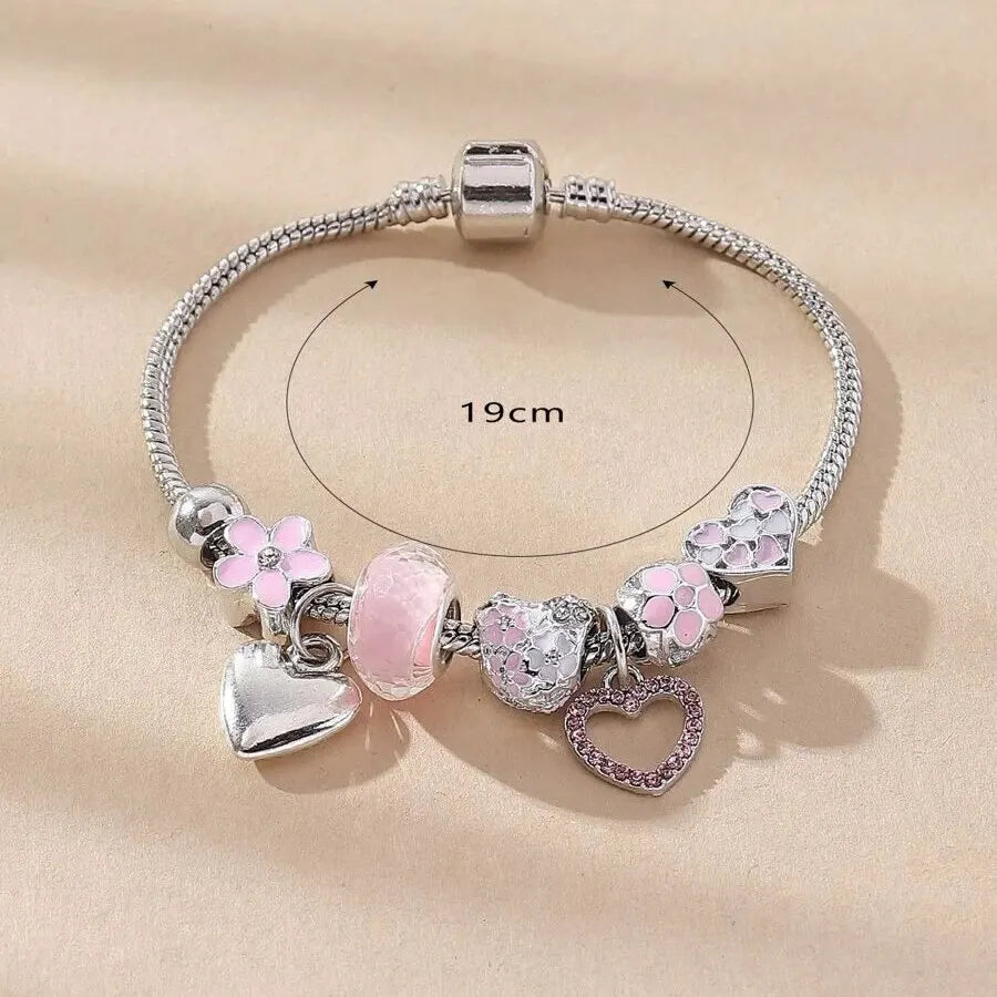 Obega Love Heart Flower Glass Pendant Charm Bracelet Classic Pink White Crystal Stone Adjustable Bead Bracelet Silver Gold Color