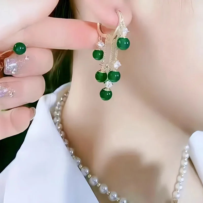 Accessories for Women Emerald Cat Eye Stone Tassel Earrings for Women Wedding Party Anniversary Gift Jewelry Pendientes Mujer