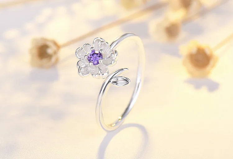 Qiaolanxuan Korean Fashion Fresh Cherry Blossom Japanese And Korean Jewelry Ppen Diamond Ring Simple Creative Ring