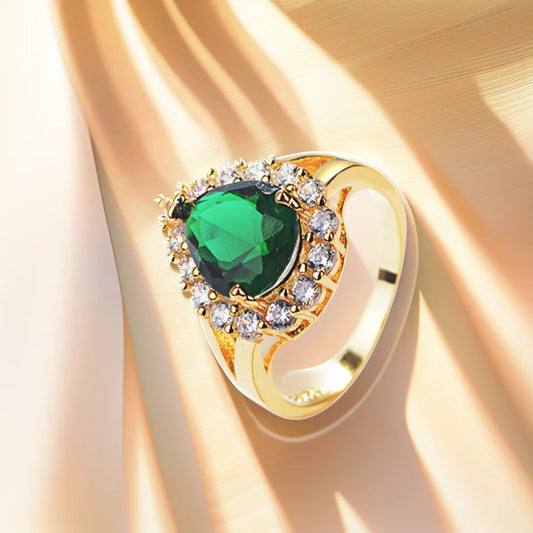 Hurrem Sultan Ring with Emerald Turkish Handmade Jewelry Small Drop Shape Pear Cut Emerald and Round Cut Topaz Ring