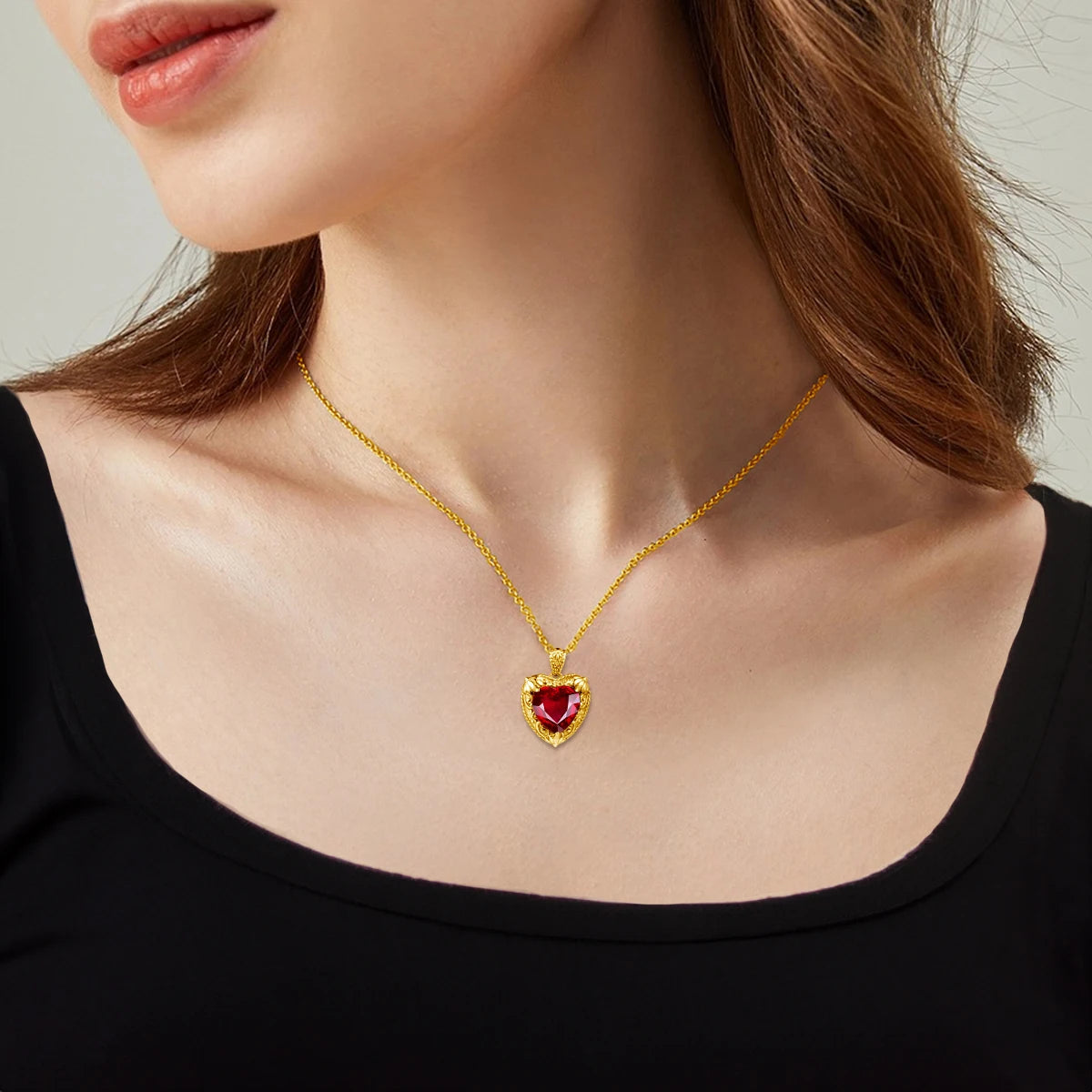 Szjinao Gold Red Ruby Heart Necklace For Women With Stone 15*15mm Victorian Pendant Royal Luxury Jewelry Valentine Day Gift Sale