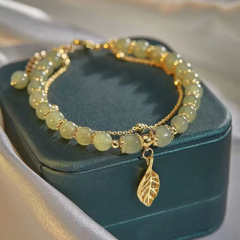 Chinese Style Green Jade Bracelet For Women Exquisite Gold Color Leaves Wrist Strap Bangle Double Chain Bracelet Girls Gifts