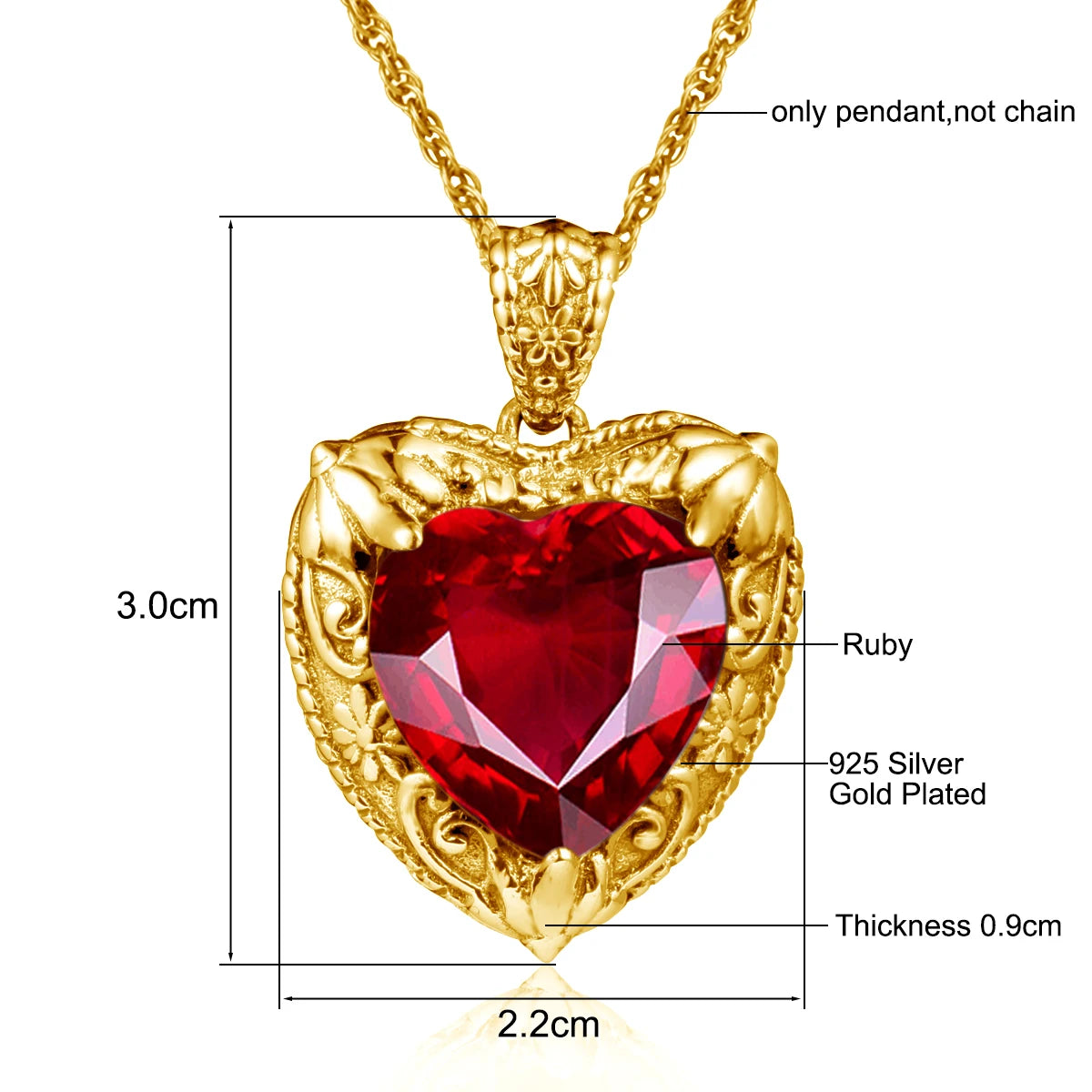 Szjinao Gold Red Ruby Heart Necklace For Women With Stone 15*15mm Victorian Pendant Royal Luxury Jewelry Valentine Day Gift Sale